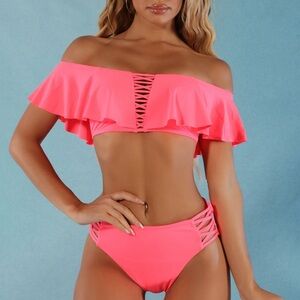 NWT Off-Shoulder Ruffle Cut-Out Bikini Set – Salmon Orange – XSmall